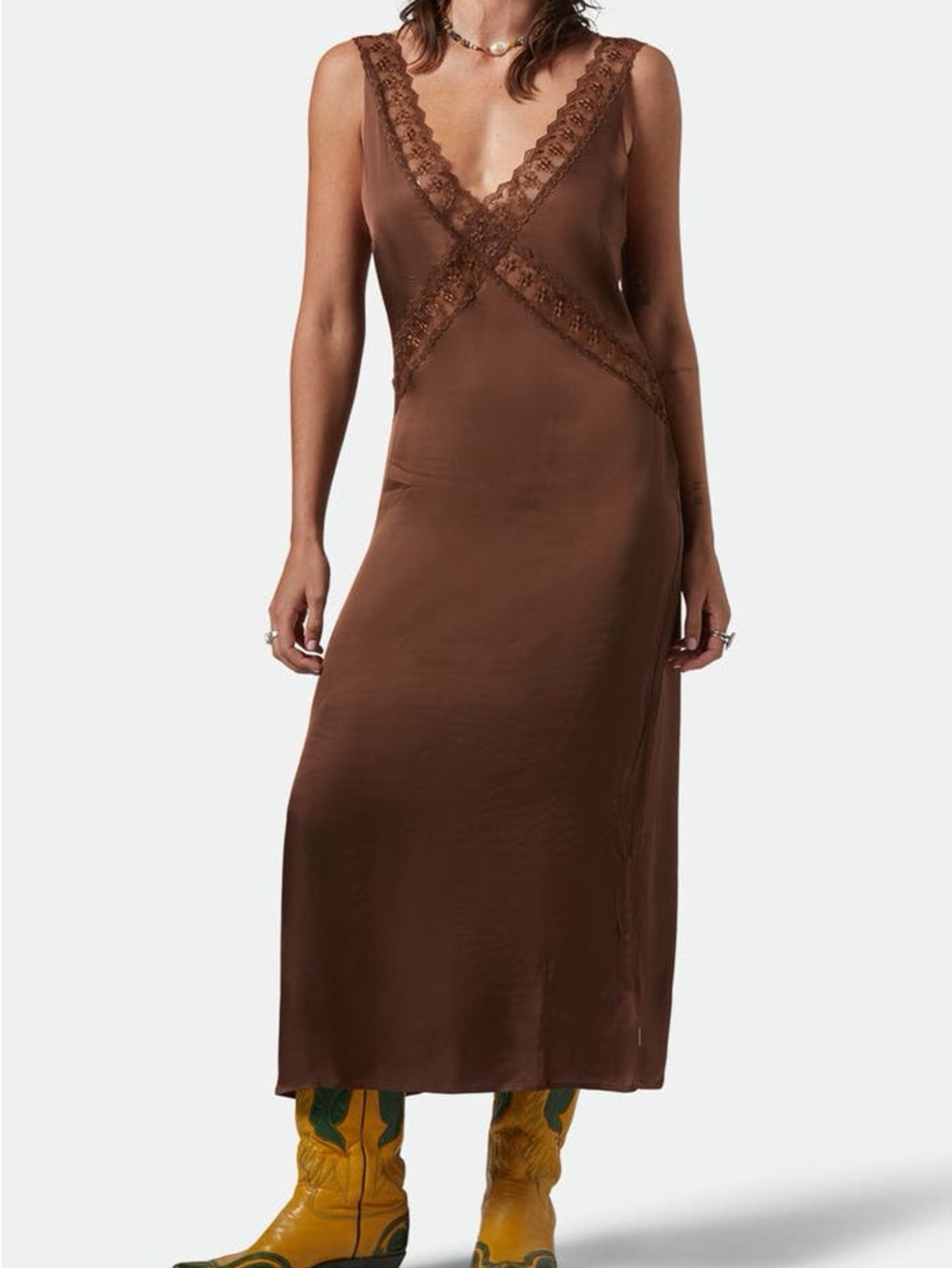 Brixton Brown Lace-Trim Slip Dress